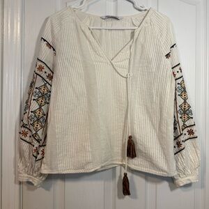Zara White Embroidered Bohemian Blouse XS